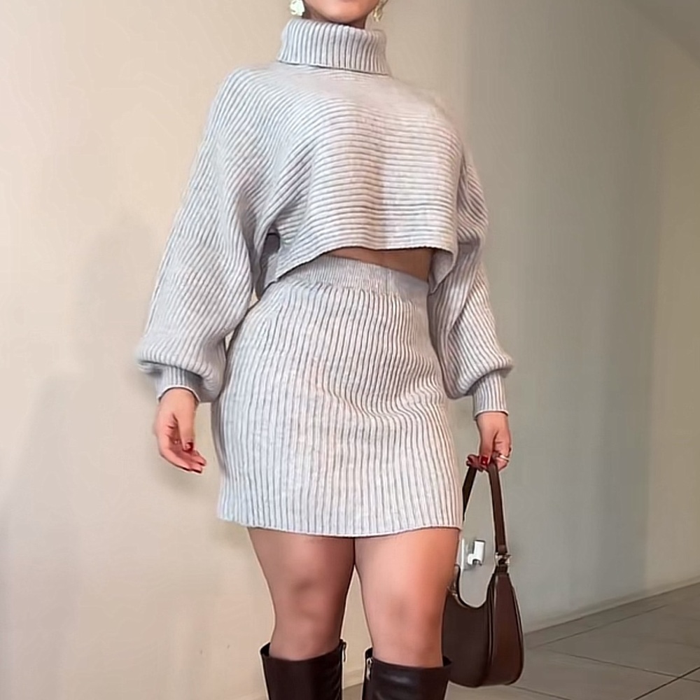 Ribbed Knit Mini Skirt and sweater top two piece set